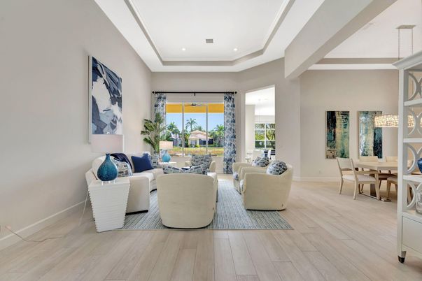 Dining room, Interior, Living room, Pendant Lights, Recessed Lighting, Wood Texture Flooring