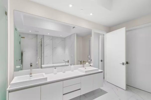 Bathroom, Dual Sink Vanities, Interior, Marble, Marble Walls, Recessed Lighting