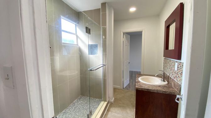 Bathroom, Glass Shower, Interior, Recessed Lighting