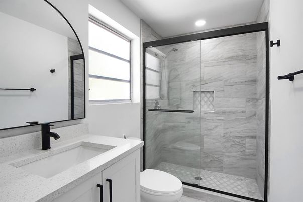 Bathroom, Glass Shower, Interior, Marble Walls, Recessed Lighting