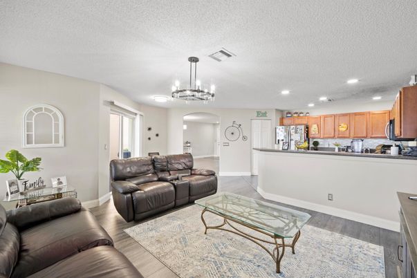 Chandelier, Interior, Kitchen, Living room, Recessed Lighting, Wood Texture Flooring