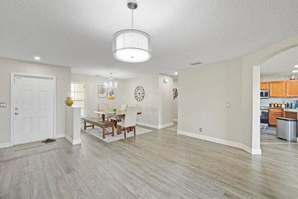 Chandelier, Dining room, Interior, Kitchen, Recessed Lighting, Wood Texture Flooring