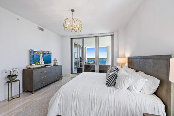 Bedroom, Chandelier, Interior, Water, Wood Texture Flooring