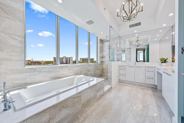 Bathroom, Chandelier, Dual Sink Vanities, Glass Shower, Interior, Recessed Lighting