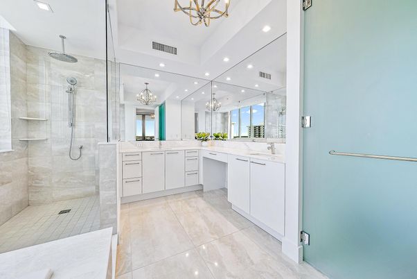 Bathroom, Chandelier, Glass Shower, Interior, Recessed Lighting