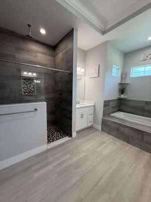 Bathroom, Glass Shower, Interior, Recessed Lighting, Wood Texture Flooring