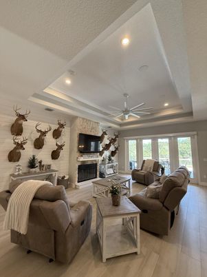 Fireplace, Interior, Living room, Recessed Lighting, Wood Texture Flooring