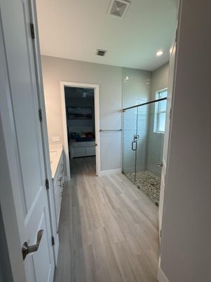 Bathroom, Glass Shower, Interior, Recessed Lighting, Wood Texture Flooring