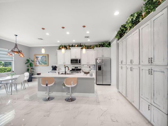 Dining room, Interior, Kitchen, Marble, Pendant Lights, Recessed Lighting, Stainless Steel Appliances