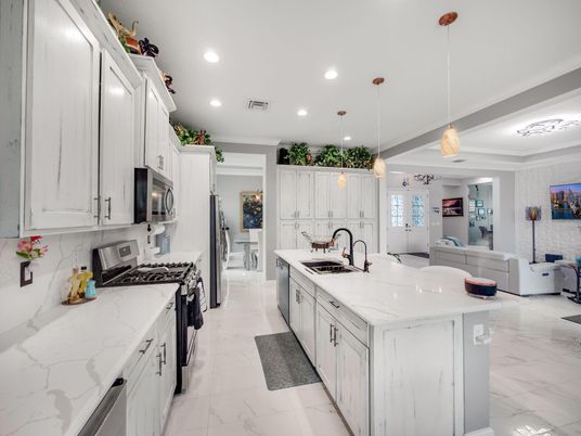 Interior, Kitchen, Marble, Pendant Lights, Recessed Lighting, Stainless Steel Appliances