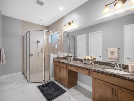 Bathroom, Dual Sink Vanities, Glass Shower, Interior, Marble, Recessed Lighting