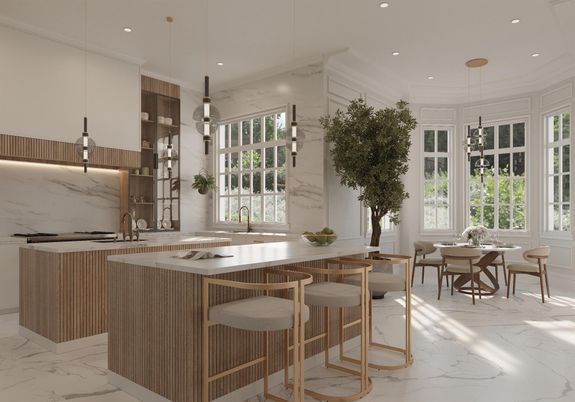 Dining room, Interior, Kitchen, Marble, Marble Walls, Pendant Lights, Recessed Lighting