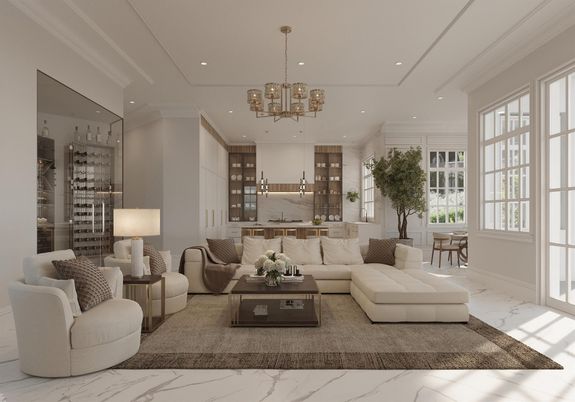 Interior, Living room, Marble, Pendant Lights, Recessed Lighting, Wine Storage