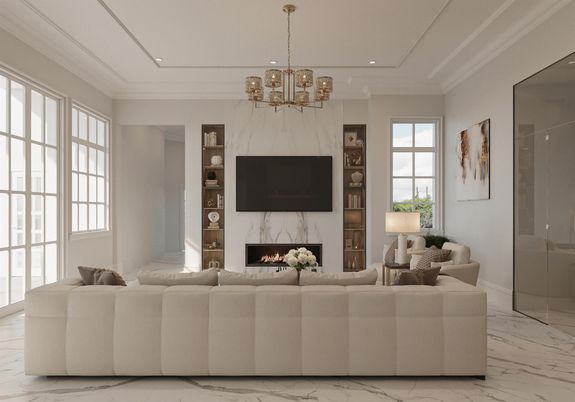 Chandelier, Fireplace, Interior, Living room, Marble, Recessed Lighting