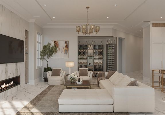 Fireplace, Interior, Living room, Marble, Pendant Lights, Recessed Lighting, Wine Storage