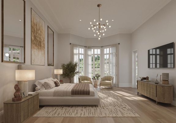 Bedroom, Interior, Pendant Lights, Recessed Lighting, Wood Texture Flooring