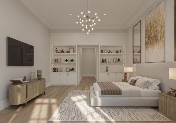 Bedroom, Interior, Pendant Lights, Recessed Lighting, Wood Texture Flooring