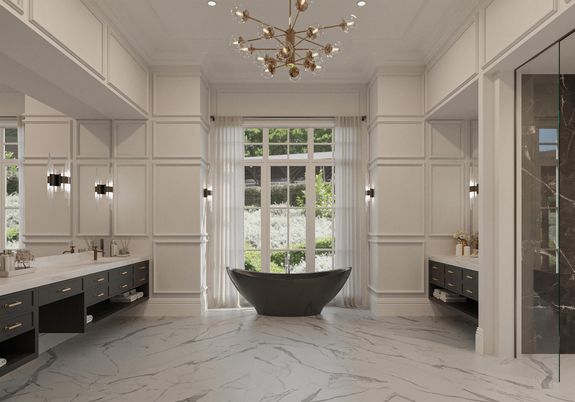 Bathroom, Dual Sink Vanities, Free Standing Baths, Interior, Marble, Pendant Lights