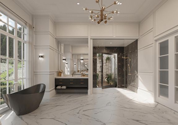 Bathroom, Free Standing Baths, Glass Shower, Interior, Marble, Marble Walls, Pendant Lights, Recessed Lighting