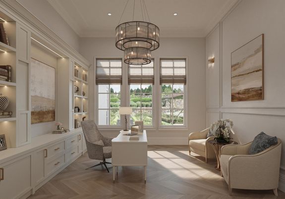 Chandelier, Home Office, Interior, Pendant Lights, Recessed Lighting, Wood Texture Flooring