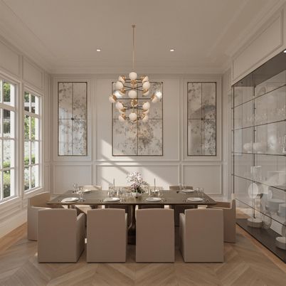Chandelier, Dining room, Interior, Recessed Lighting, Wood Texture Flooring