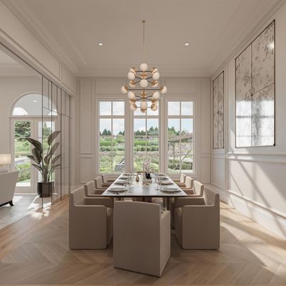 Chandelier, Dining room, Interior, Pendant Lights, Recessed Lighting, Wood Texture Flooring