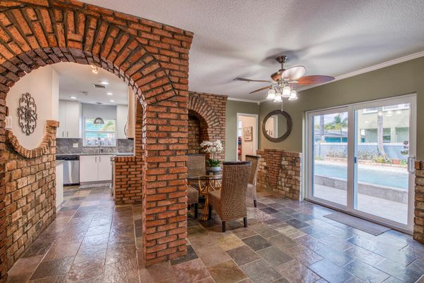 Dining room, Interior, Kitchen, Recessed Lighting, Stone Walls