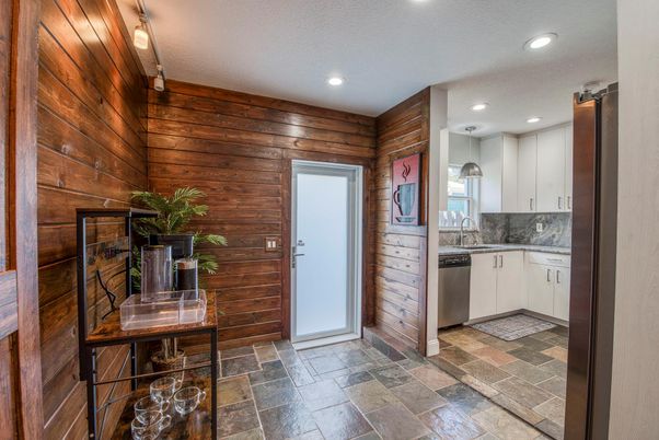 Interior, Kitchen, Pendant Lights, Recessed Lighting, Wooden Walls