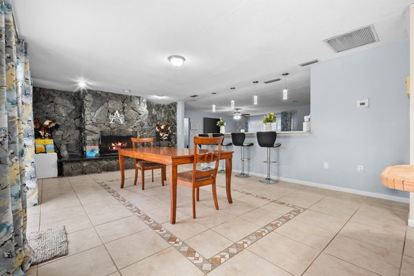 Dining room, Fireplace, Interior, Pendant Lights