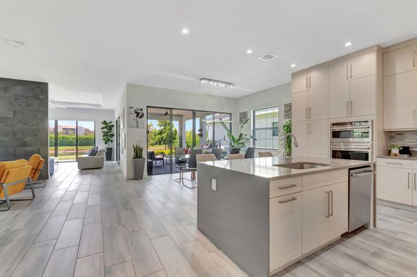 Chandelier, Dining room, Interior, Kitchen, Living room, Recessed Lighting, Stainless Steel Appliances, Wood Texture Flooring