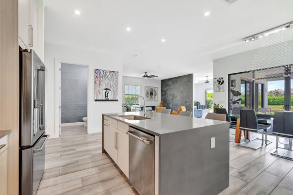 Dining room, Interior, Kitchen, Recessed Lighting, Stainless Steel Appliances, Wood Texture Flooring