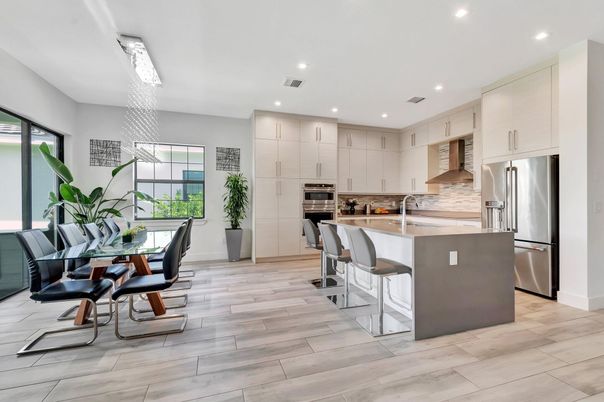 Dining room, Interior, Kitchen, Recessed Lighting, Stainless Steel Appliances, Wood Texture Flooring