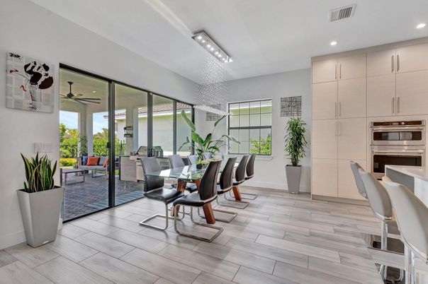 Chandelier, Dining room, Interior, Kitchen, Recessed Lighting, Wood Texture Flooring