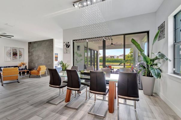 Dining room, Interior, Pendant Lights, Stone Walls, Wood Texture Flooring