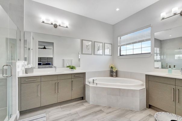 Bathroom, Dual Sink Vanities, Glass Shower, Interior, Recessed Lighting, Wood Texture Flooring
