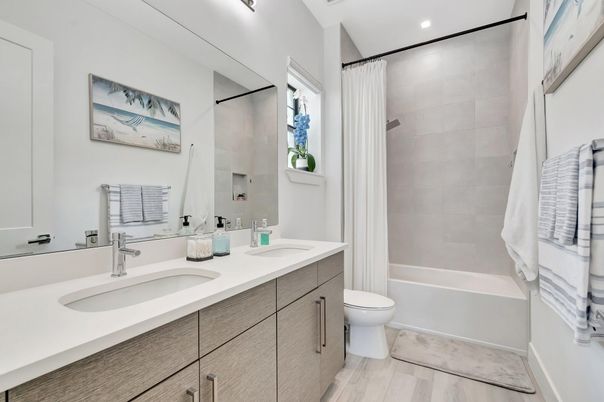 Bathroom, Dual Sink Vanities, Interior, Recessed Lighting, Wood Texture Flooring