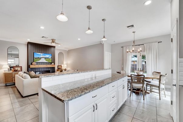 Dining room, Fireplace, Interior, Living room, Pendant Lights, Recessed Lighting