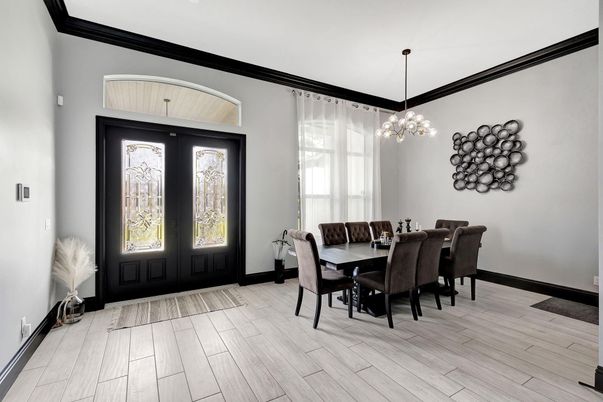 Dining room, Interior, Pendant Lights, Wood Texture Flooring