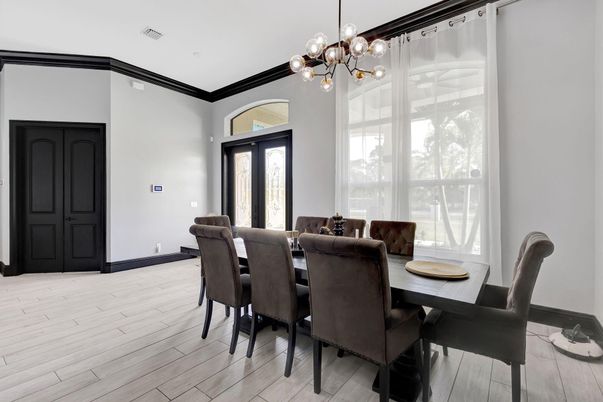 Dining room, Interior, Pendant Lights, Wood Texture Flooring