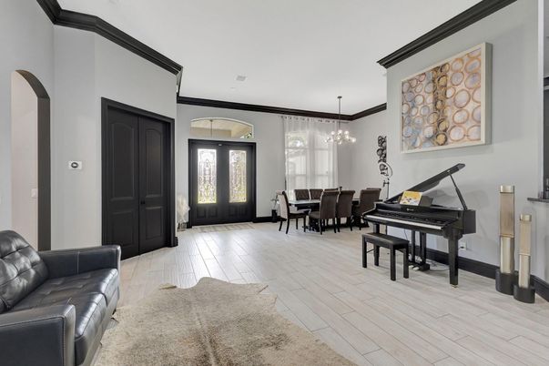 Dining room, Interior, Pendant Lights, Piano, Wood Texture Flooring