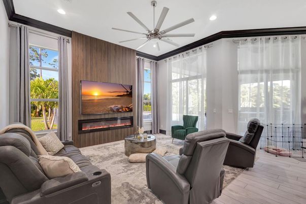 Home Theatre Room, Fireplace, Interior, Living room, Recessed Lighting, Wood Texture Flooring