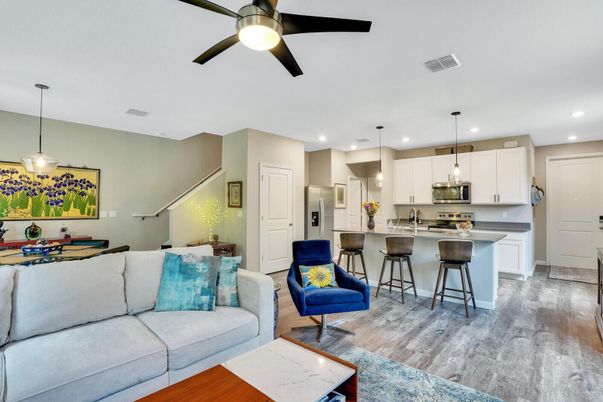 Interior, Kitchen, Living room, Pendant Lights, Recessed Lighting, Stainless Steel Appliances, Wood Texture Flooring