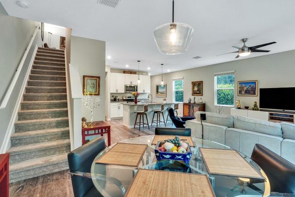 Dining room, Interior, Kitchen, Living room, Pendant Lights, Recessed Lighting, Wood Texture Flooring
