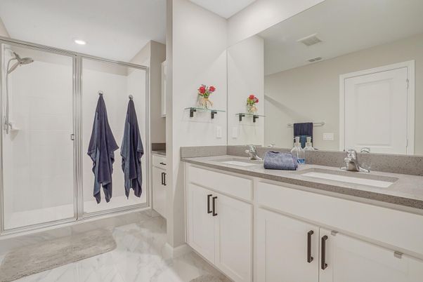 Bathroom, Dual Sink Vanities, Glass Shower, Interior, Marble, Recessed Lighting