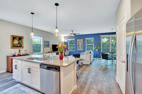 Dining room, Interior, Kitchen, Living room, Pendant Lights, Stainless Steel Appliances, Wood Texture Flooring