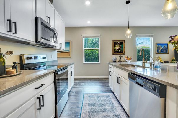 Interior, Kitchen, Pendant Lights, Recessed Lighting, Stainless Steel Appliances, Wood Texture Flooring