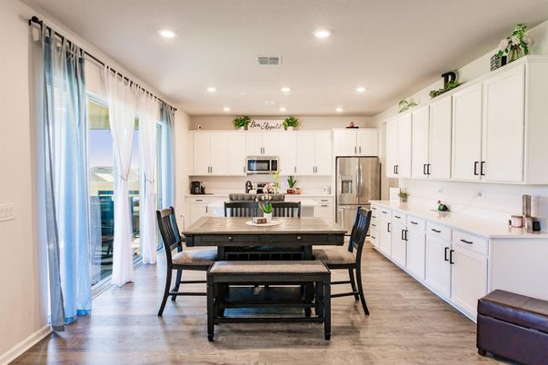 Dining room, Interior, Kitchen, Recessed Lighting, Stainless Steel Appliances, Wood Texture Flooring