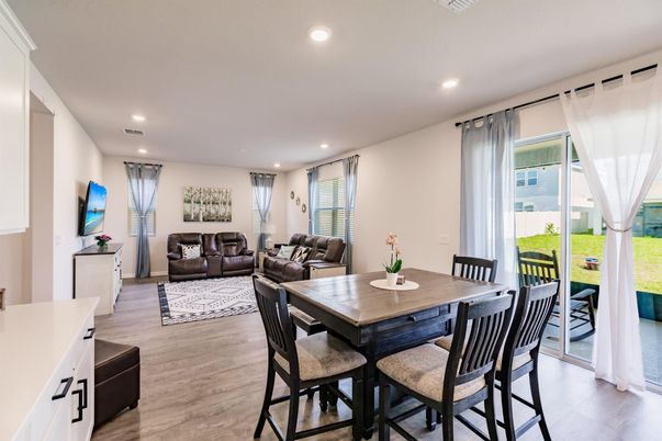 Dining room, Interior, Living room, Recessed Lighting, Wood Texture Flooring