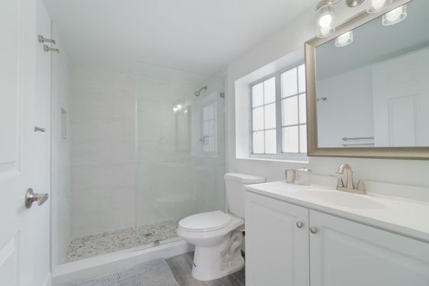 Bathroom, Glass Shower, Interior, Wood Texture Flooring