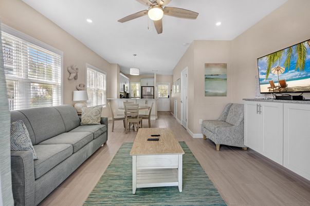 Dining room, Interior, Living room, Pendant Lights, Recessed Lighting, Wood Texture Flooring